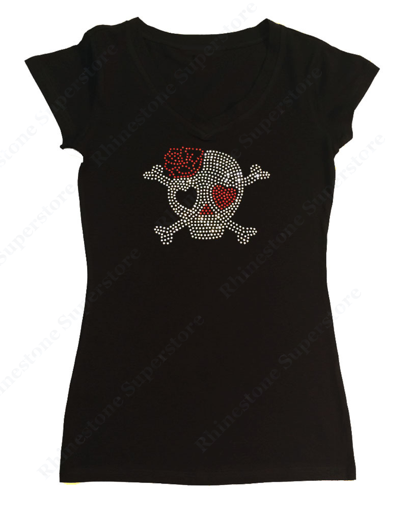 Womens T-shirt with Skull with Red Rose in Rhinestones