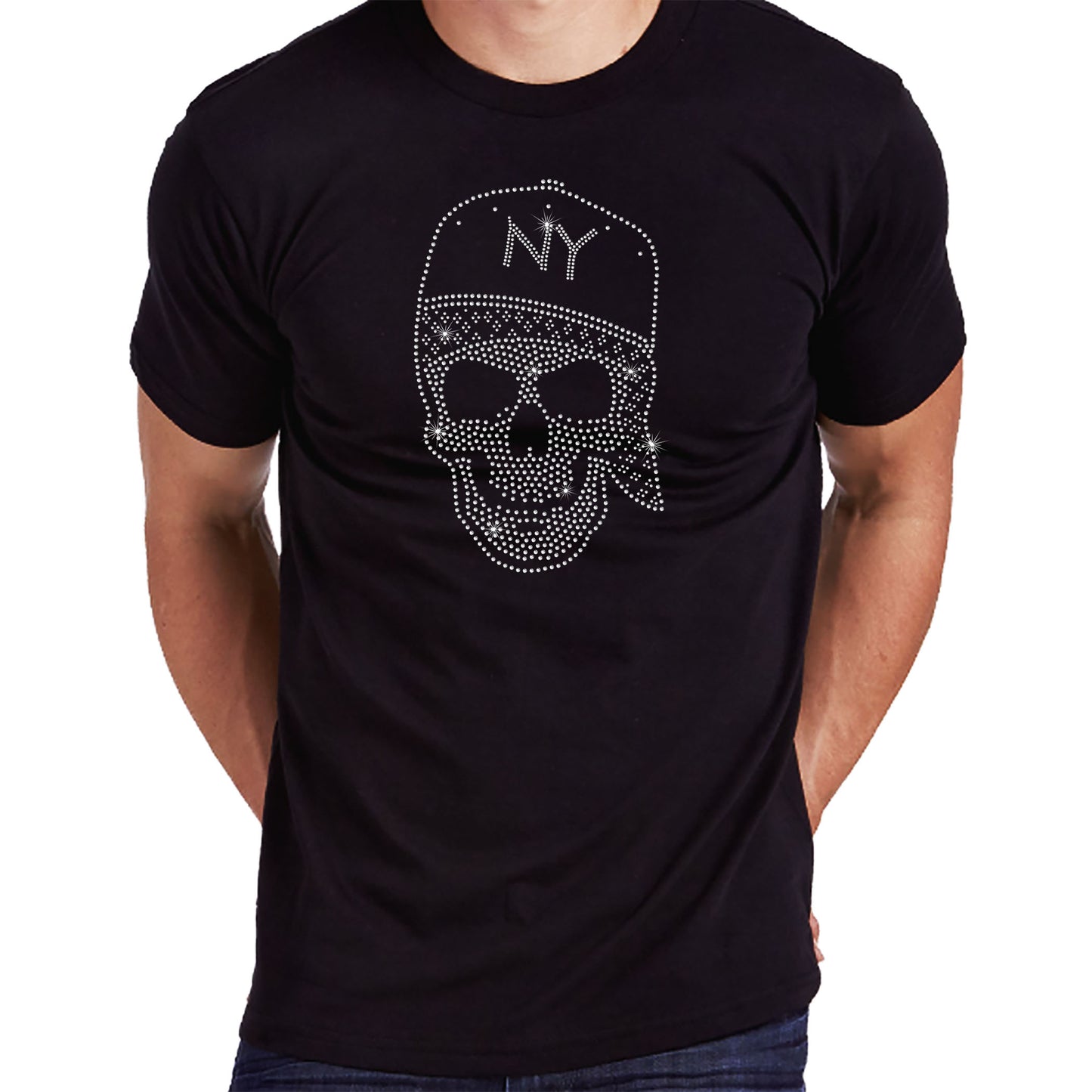 Men's Rhinestone T-Shirt with " Skull Wearing a Bandana and Cap " NY Skull