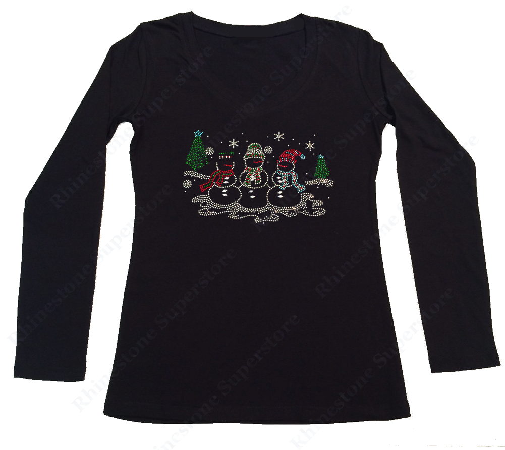Womens T-shirt with Snowman with Christmas Tree in Rhinestones