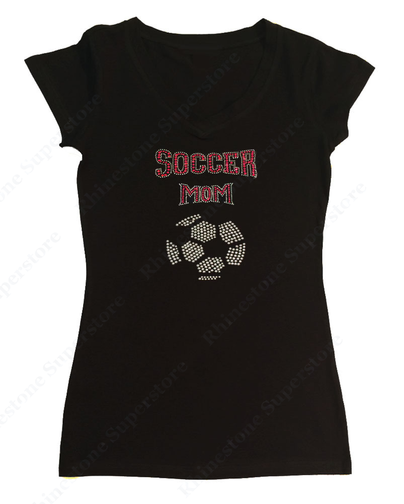 Womens T-shirt with Soccer Mom in Rhinestones