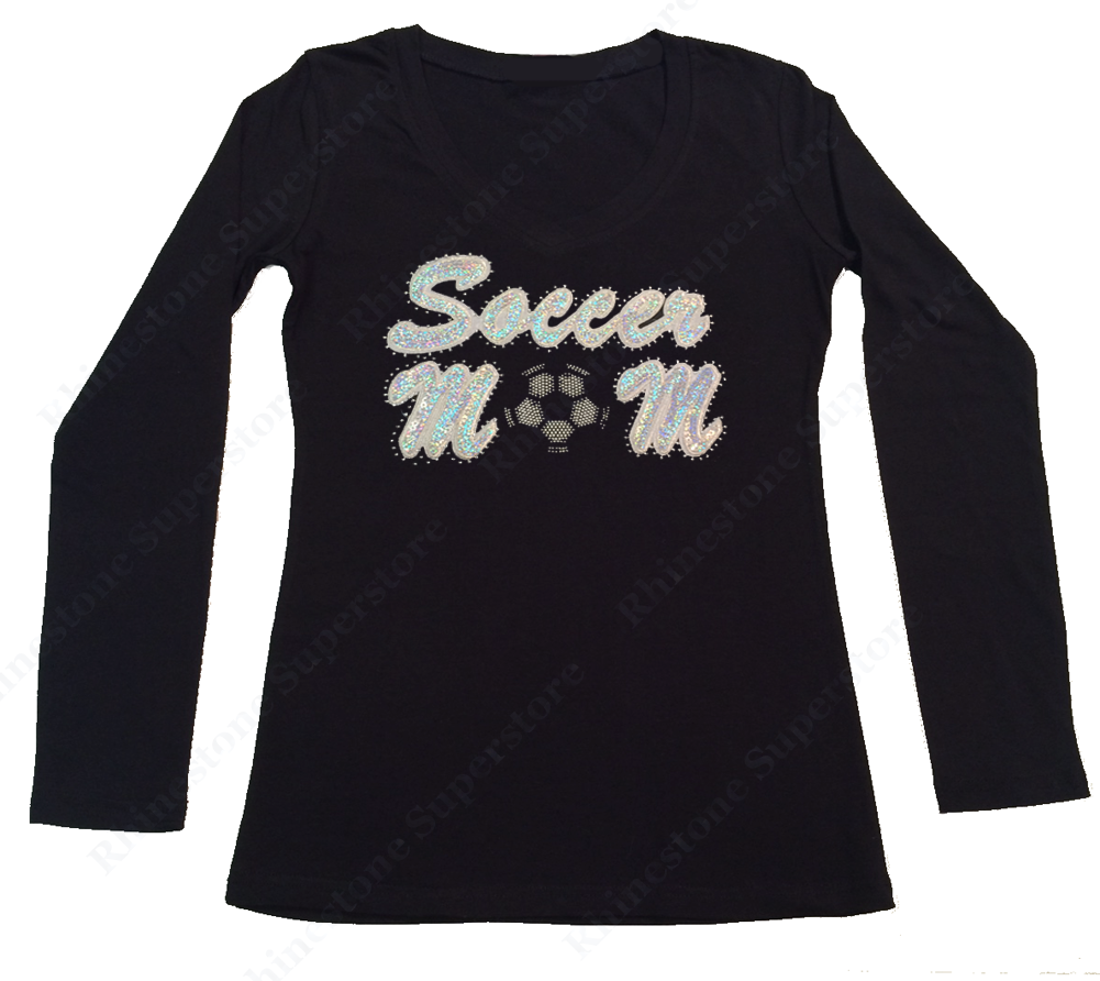 Womens T-shirt with Soccer Mom in Sequence and Outlined in Rhinestones