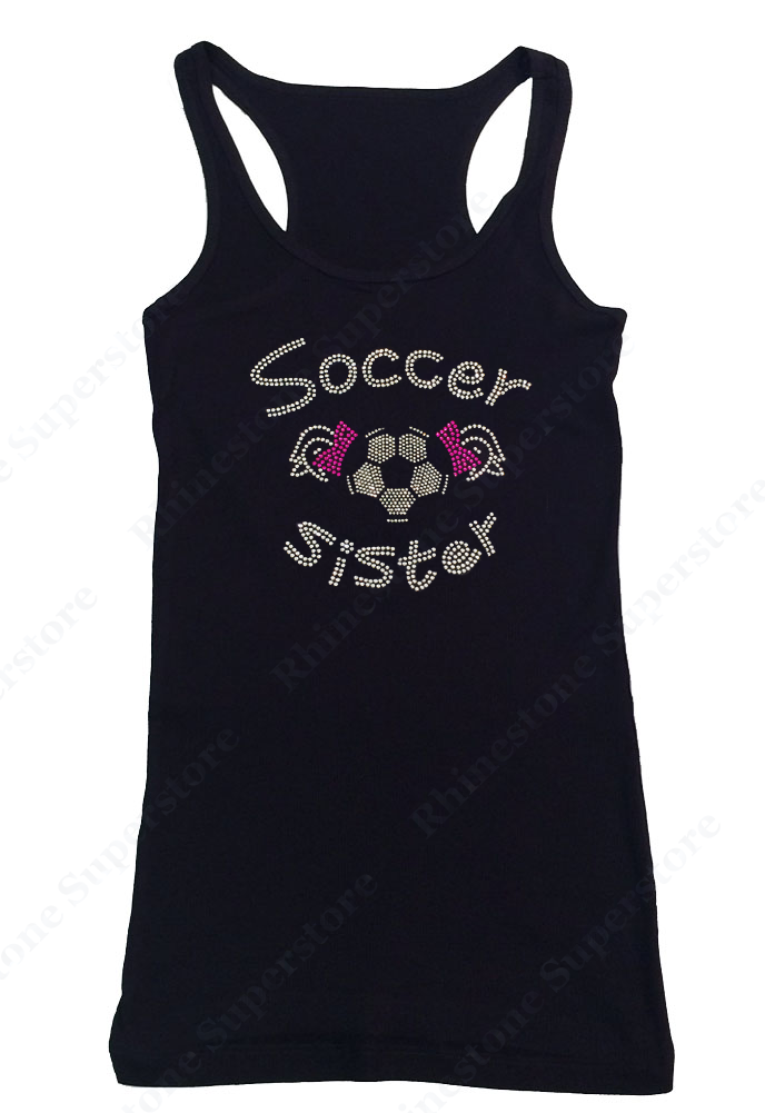 Womens T-shirt with Soccer Sister with Pigtails in Rhinestones