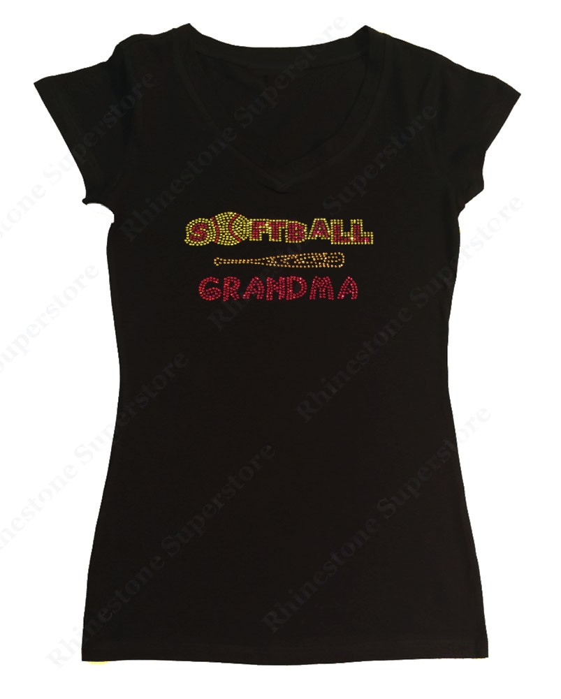 Womens T-shirt with Softball Grandma with Bat in Rhinestones