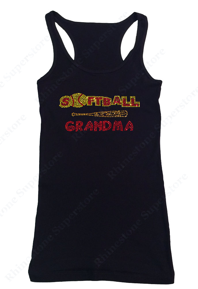 Womens T-shirt with Softball Grandma with Bat in Rhinestones