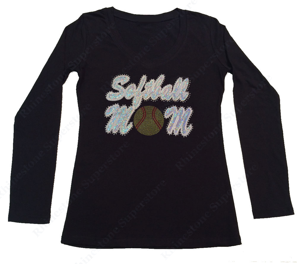 Womens T-shirt with Softball Mom in Sequence & Rhinestones