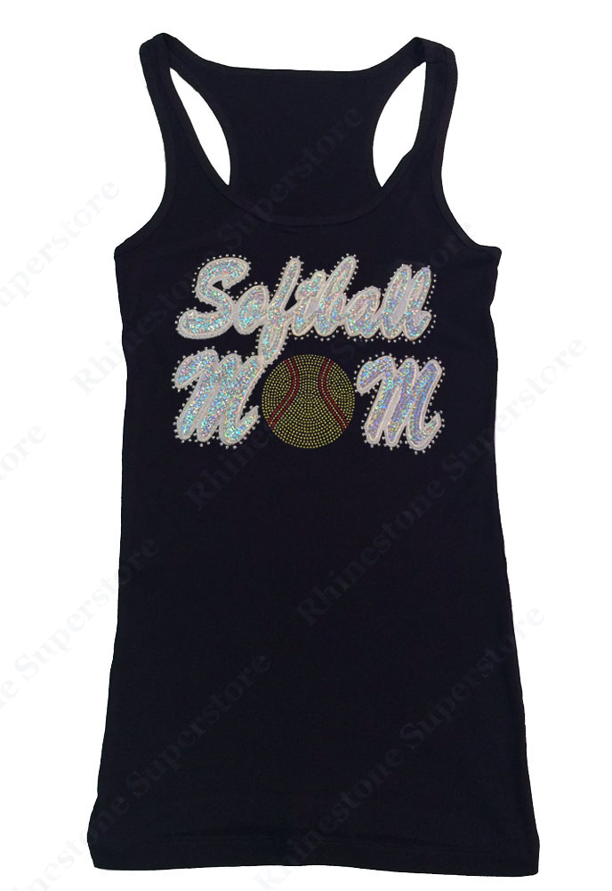 Womens T-shirt with Softball Mom in Sequence & Rhinestones
