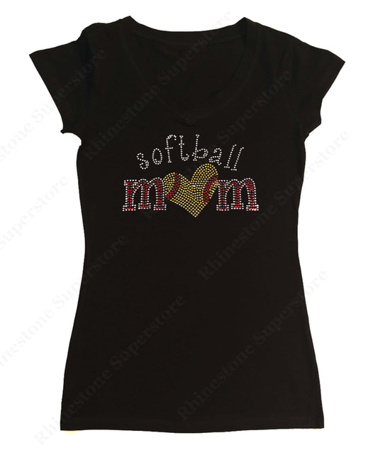Womens T-shirt with Softball Mom with Heart in Rhinestones