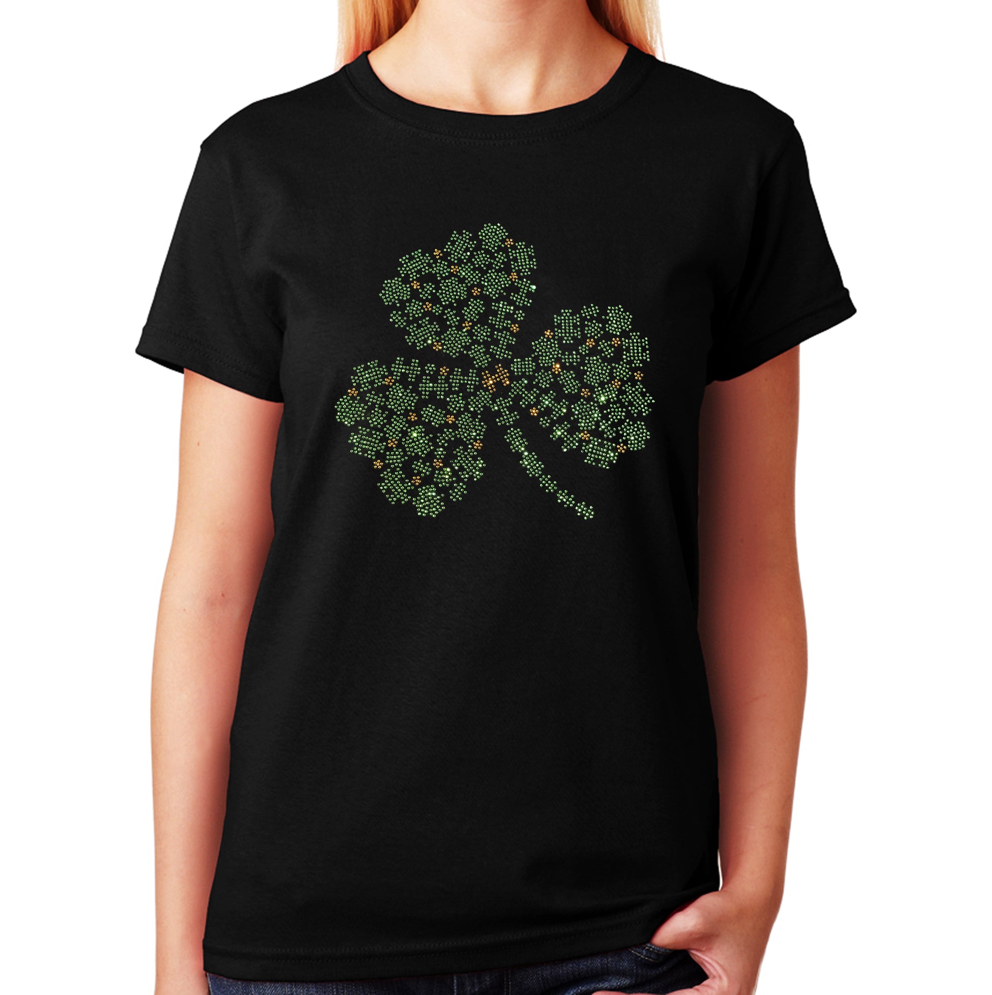 Women's / Unisex T-Shirt with St Patrick's Clover Collage in Rhinestones