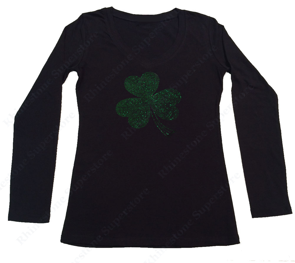 Womens T-shirt with St. Patrick's Day Clover in Rhinestones