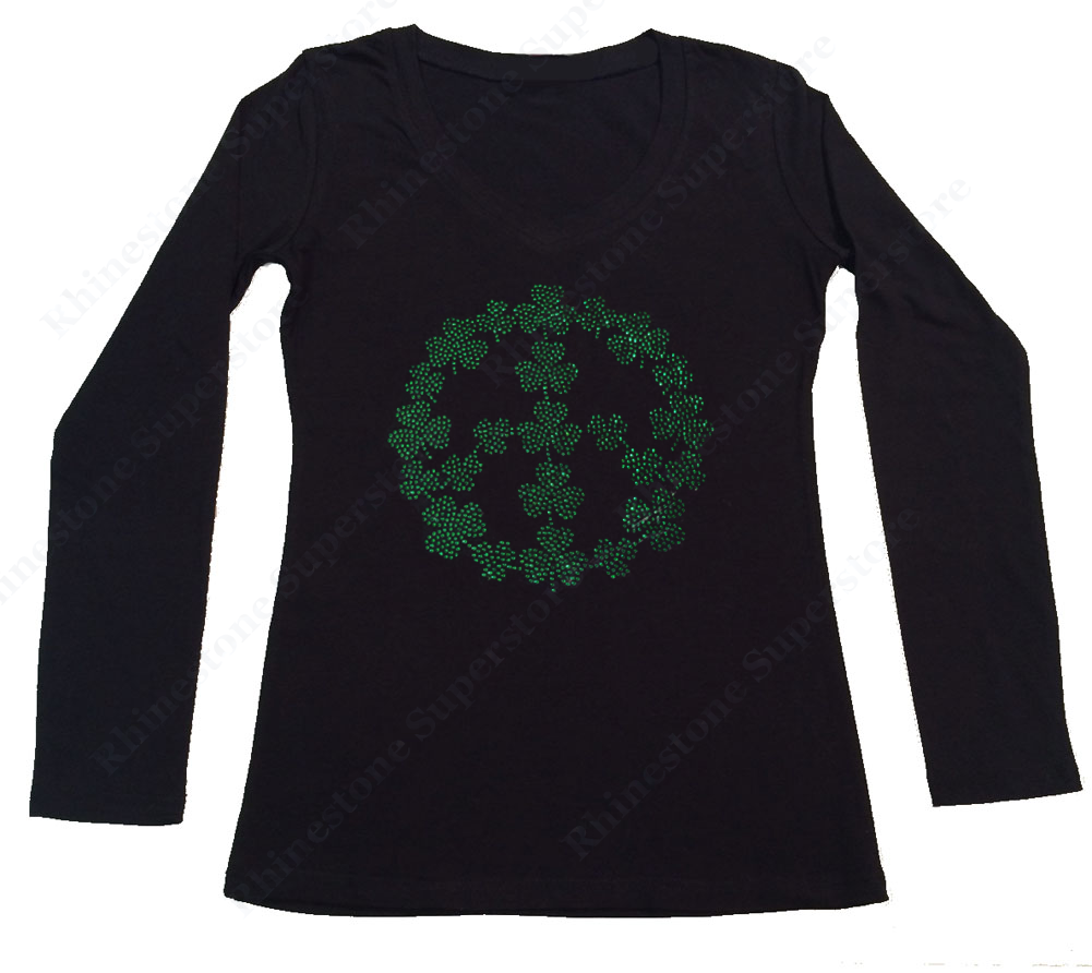 Womens T-shirt with St. Patricks Day Peace Sign in Rhinestones