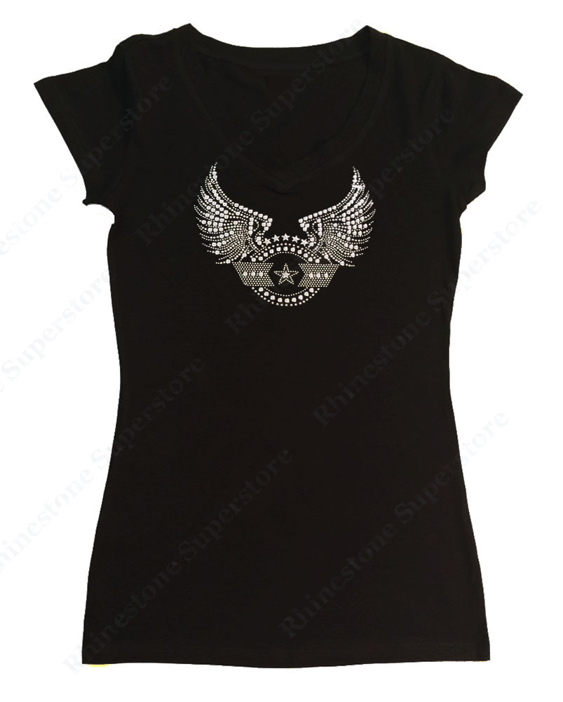 Womens T-shirt with Stars with Wings in Rhinestones