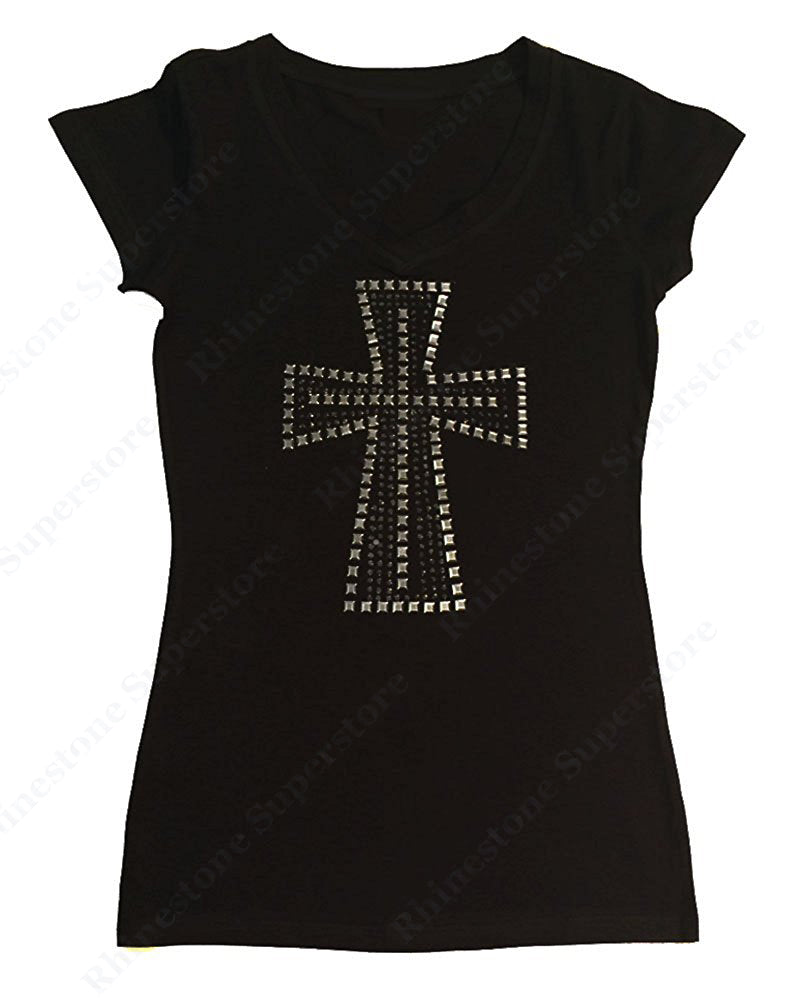Womens T-shirt with Silver Cross in Rhinestones