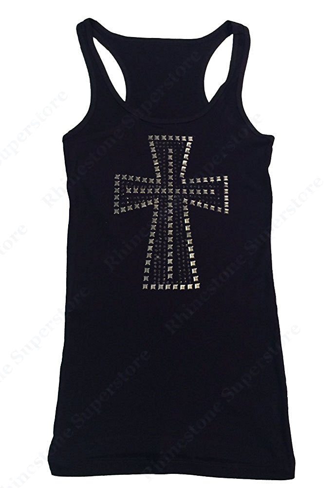 Womens T-shirt with Silver Cross in Rhinestones