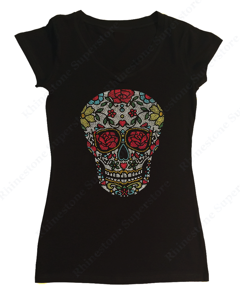 Womens T-shirt with Sugar Skull with Roses in Rhinestones