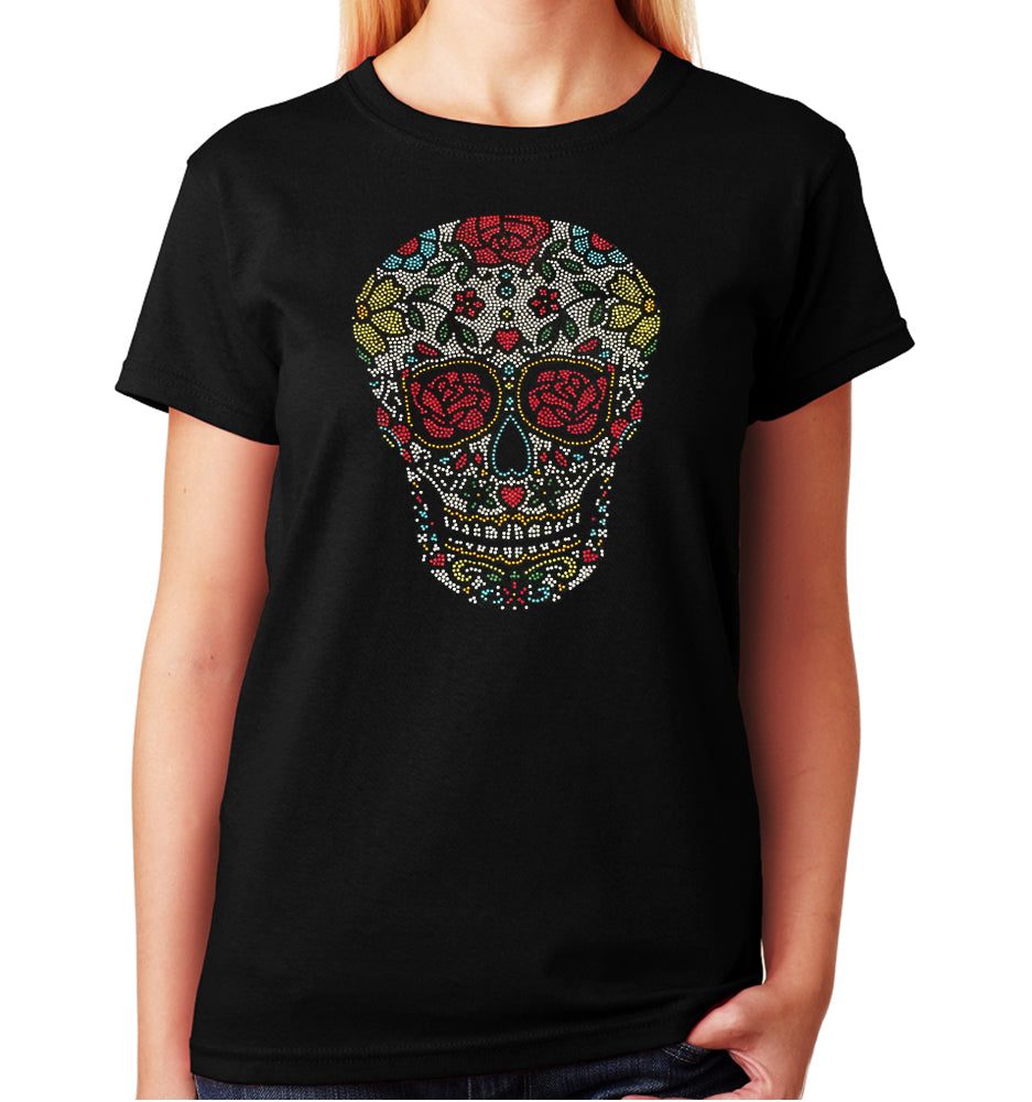 Women's / Unisex T-Shirt with Sugar Skull with Roses in Rhinestones