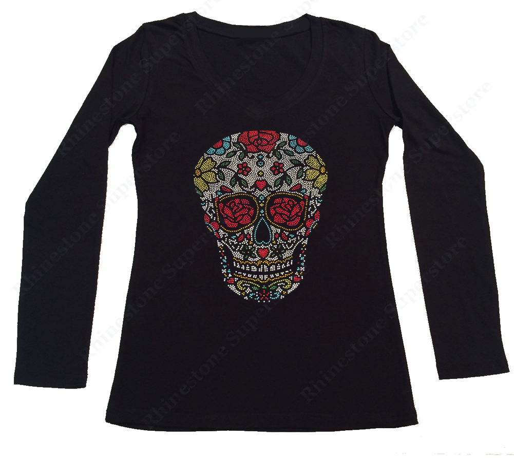 Womens T-shirt with Sugar Skull with Roses in Rhinestones