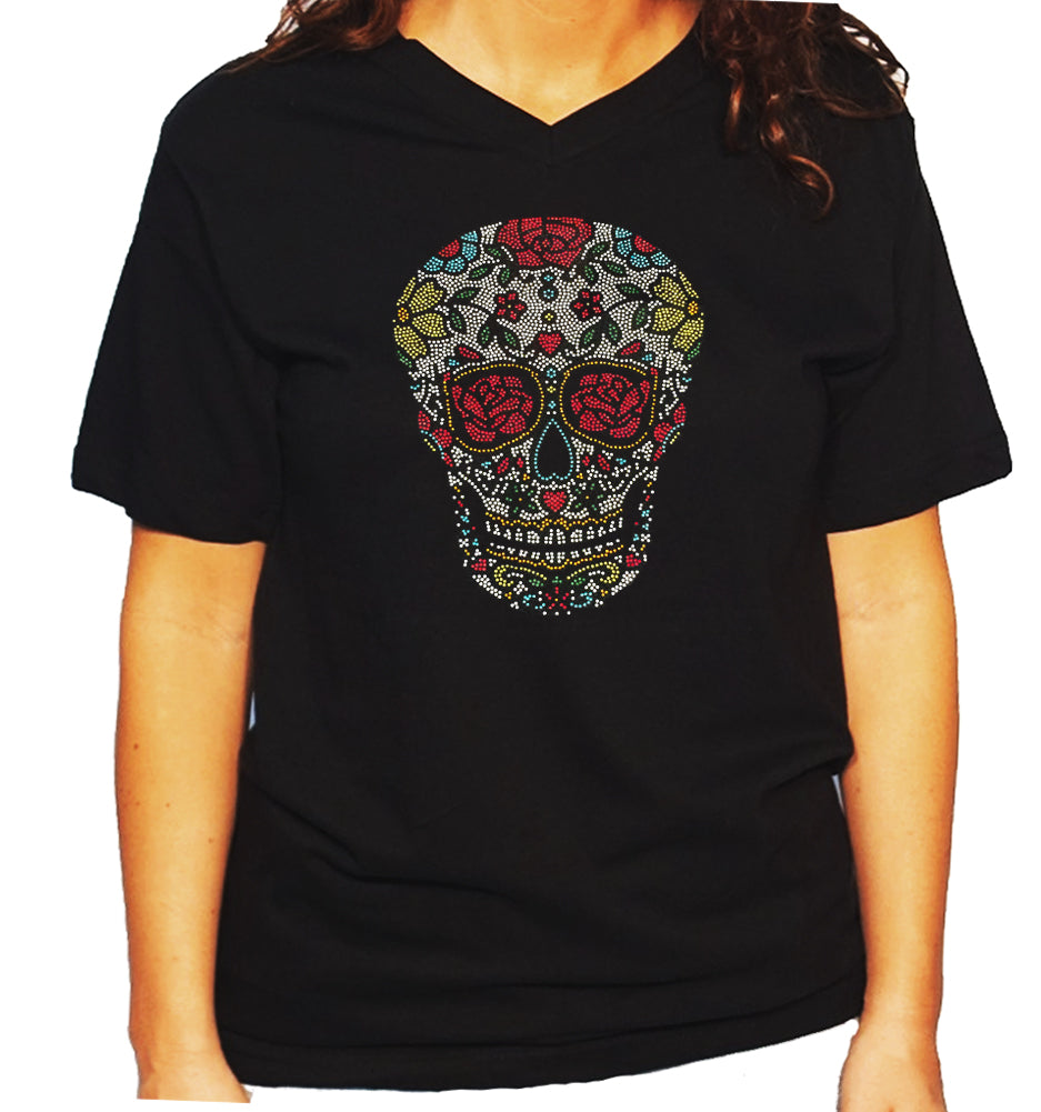 Women's / Unisex T-Shirt with Sugar Skull with Roses in Rhinestones