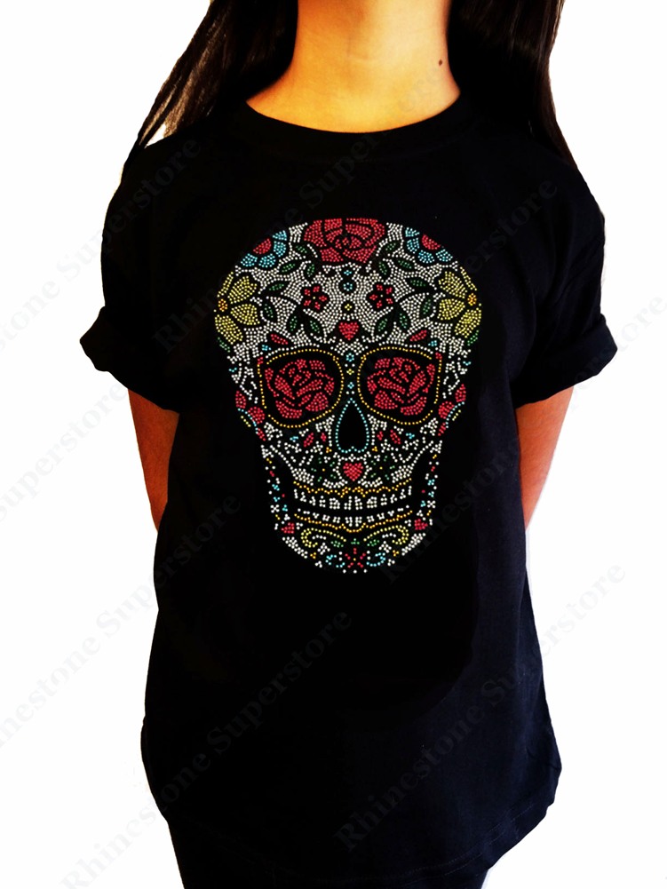 Girls Rhinestone T-Shirt " Sugar Skull with Roses " Size 3 to 14 Available
