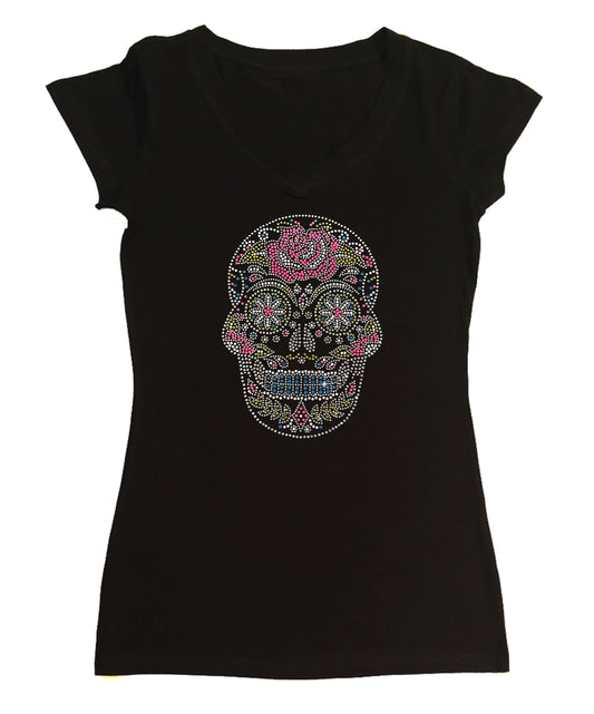 Womens T-shirt with Sugarskull with Flower in Rhinestones