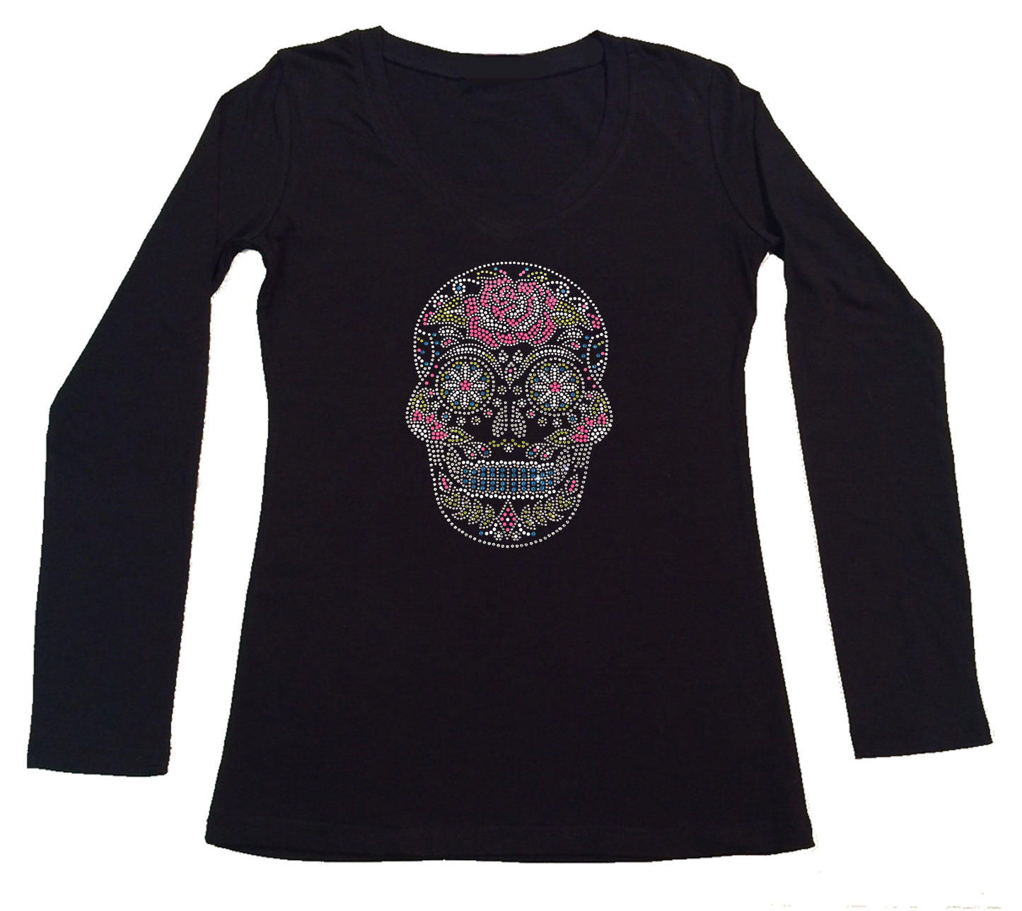Womens T-shirt with Sugarskull with Flower in Rhinestones