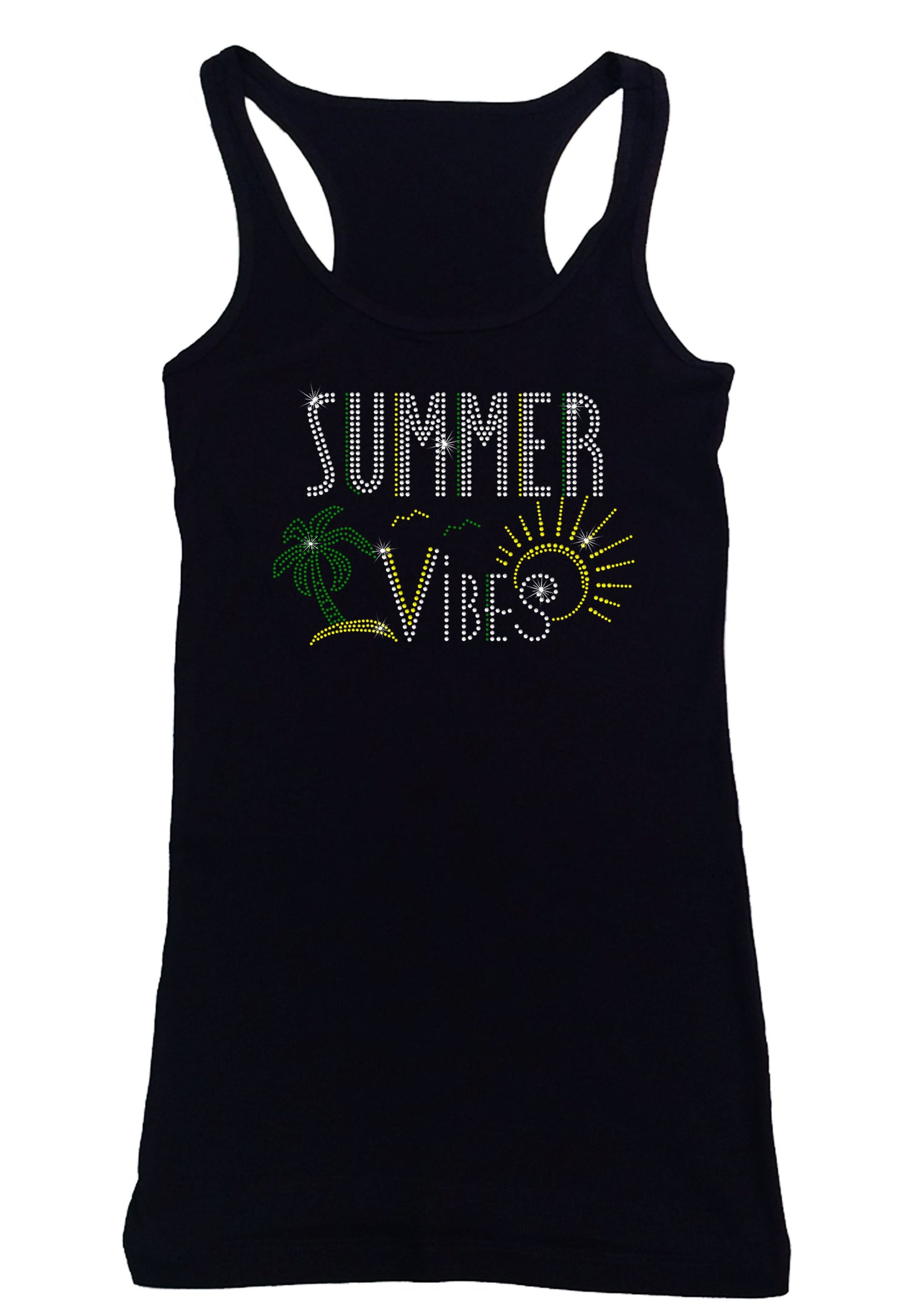 Women's Rhinestone Fitted Tight Snug Shirt Summer Vibes - Sunshine and Palm Tree Summer Shirt