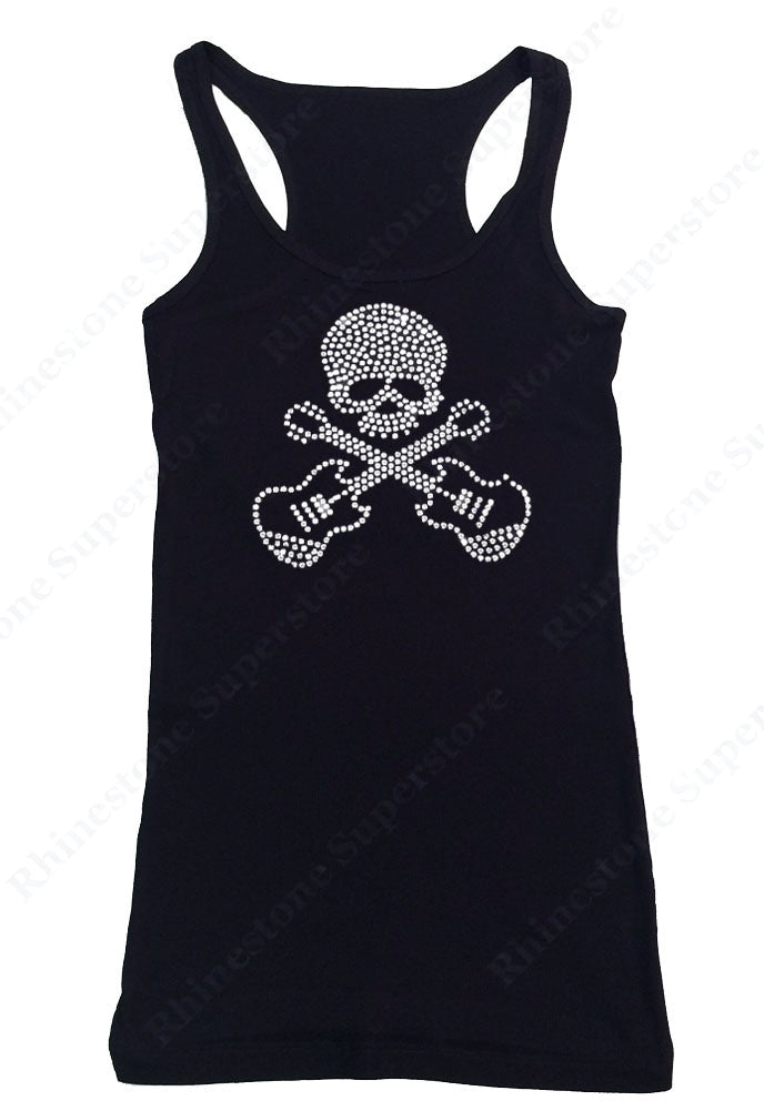 Womens T-shirt with Skull with Guitars in Rhinestones