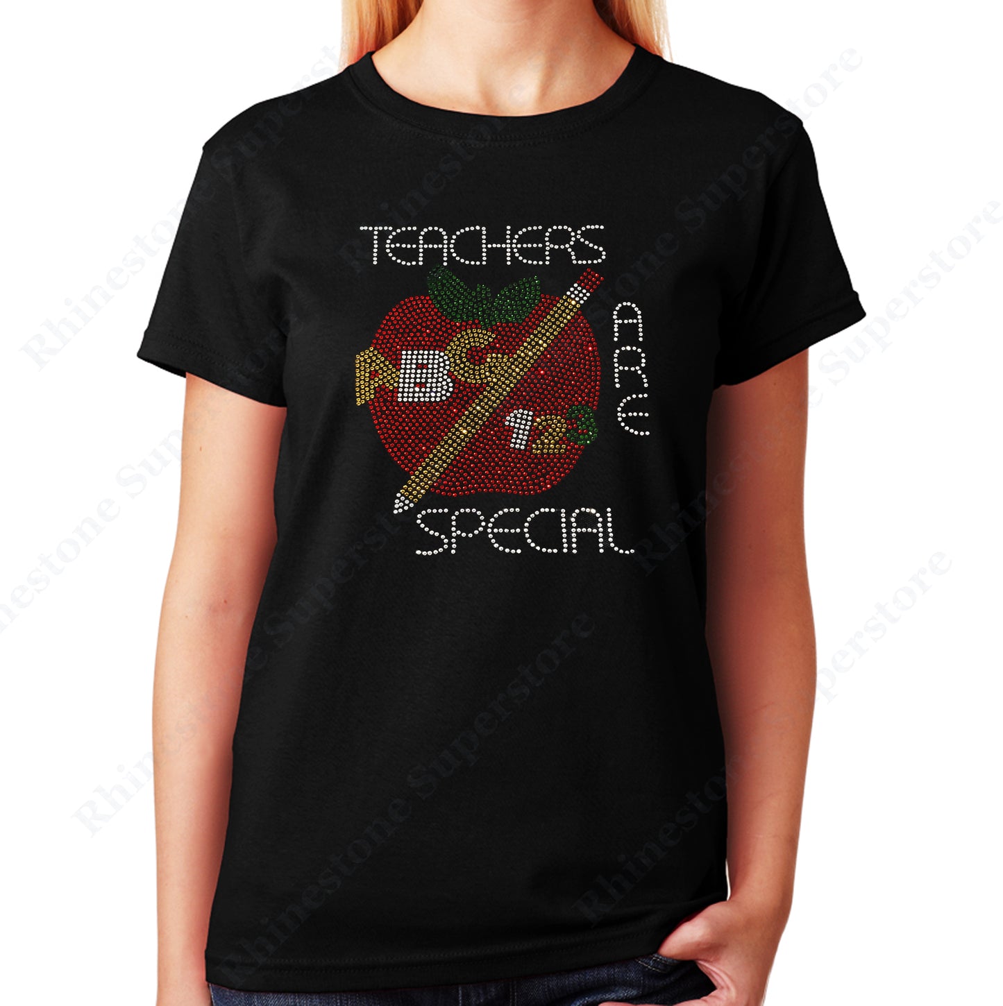 Unisex T-Shirt with Teacher are Special with Red Apple in Rhinestones