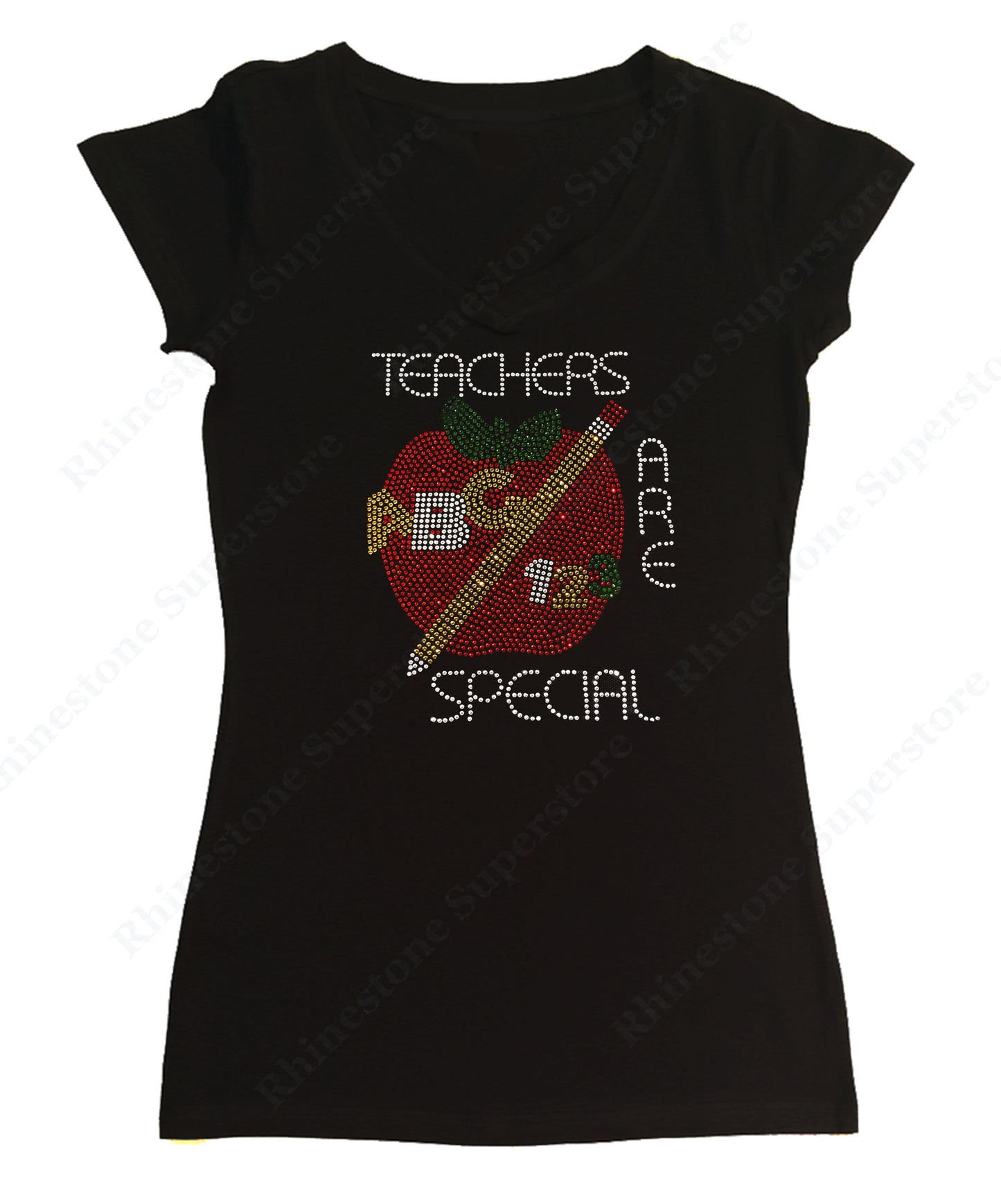 Womens T-shirt with Teacher are Special with Red Apple in Rhinestones