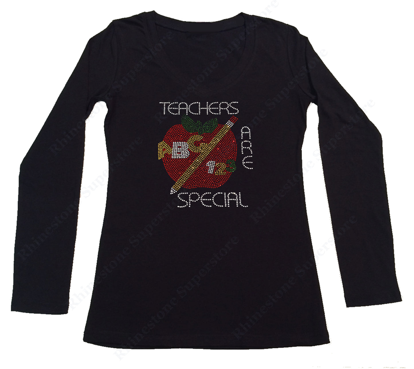 Womens T-shirt with Teacher are Special with Red Apple in Rhinestones
