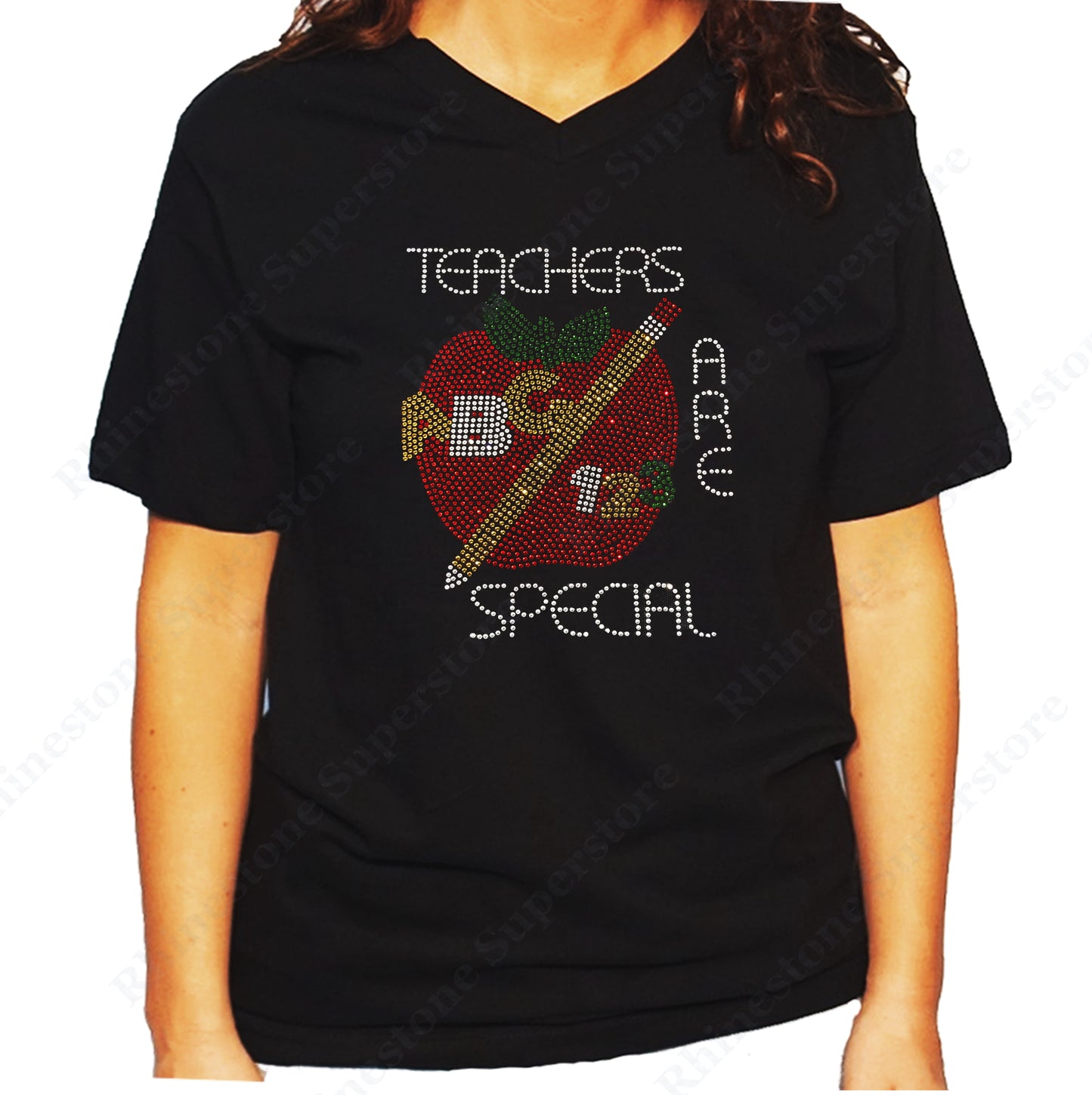 Women's / Unisex T-Shirt with Teacher are Special with Red Apple in Rhinestones