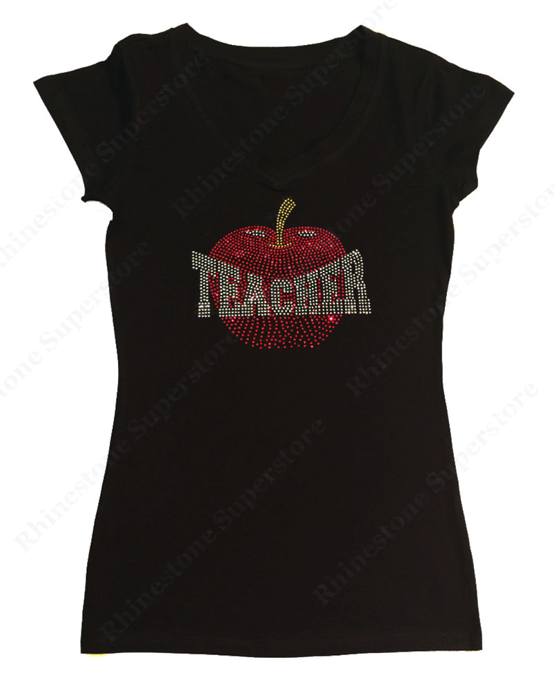 Womens T-shirt with Apple with Teach in Rhinestones