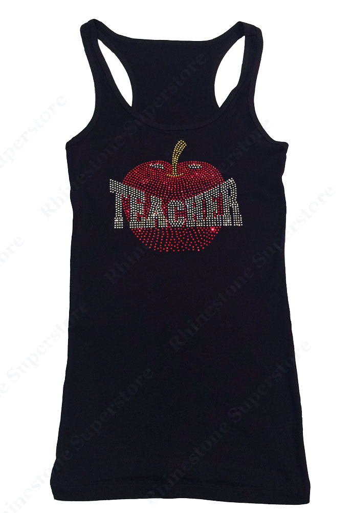 Womens T-shirt with Apple with Teach in Rhinestones