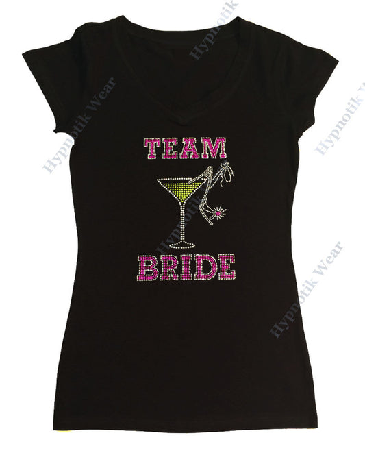 Womens T-shirt with Team Bride with Heel in Rhinestones