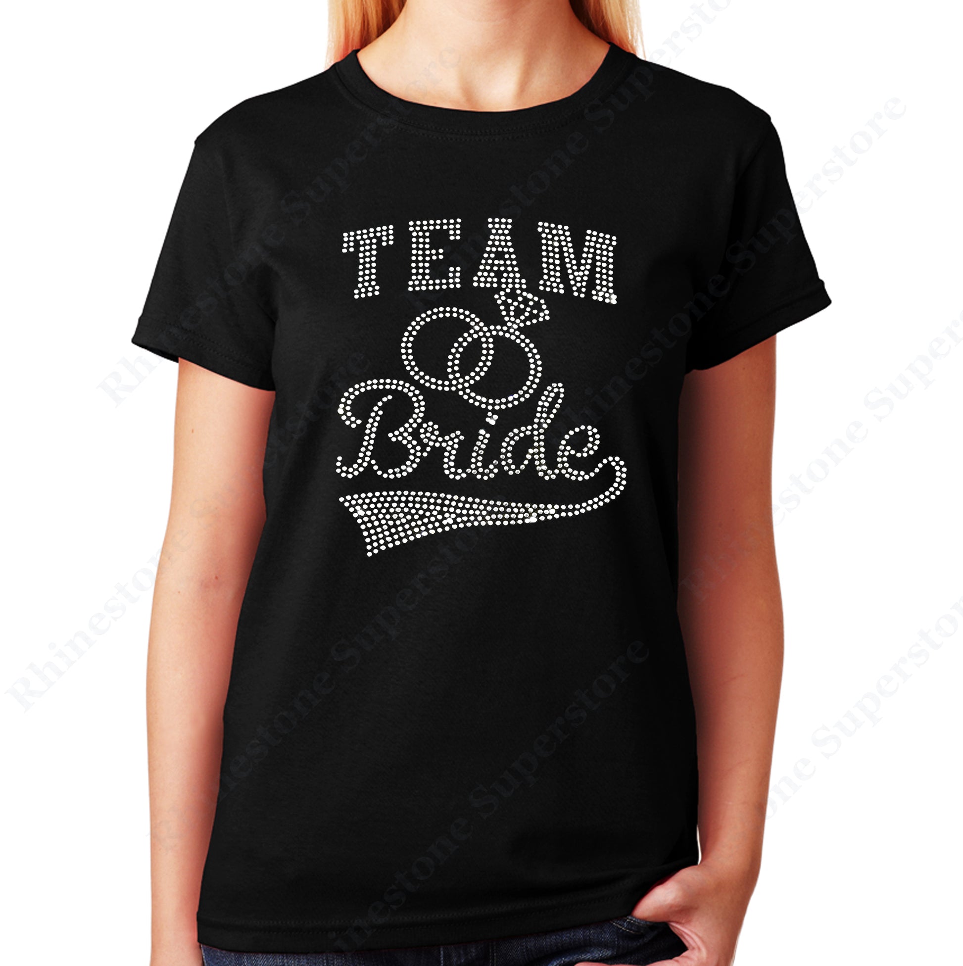 Unisex T-Shirt with Team Bride with Rings in Rhinestones