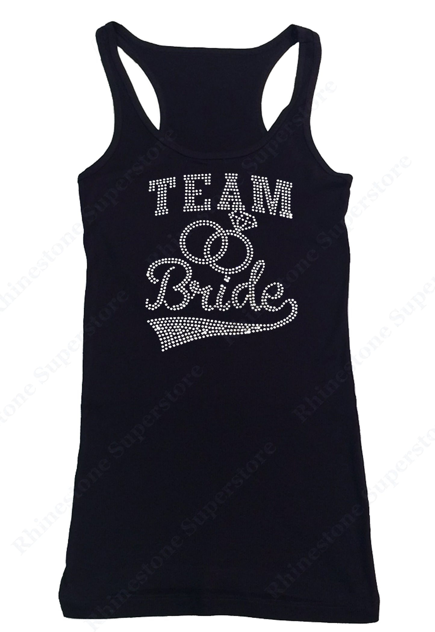 Womens T-shirt with Team Bride with Rings in Rhinestones