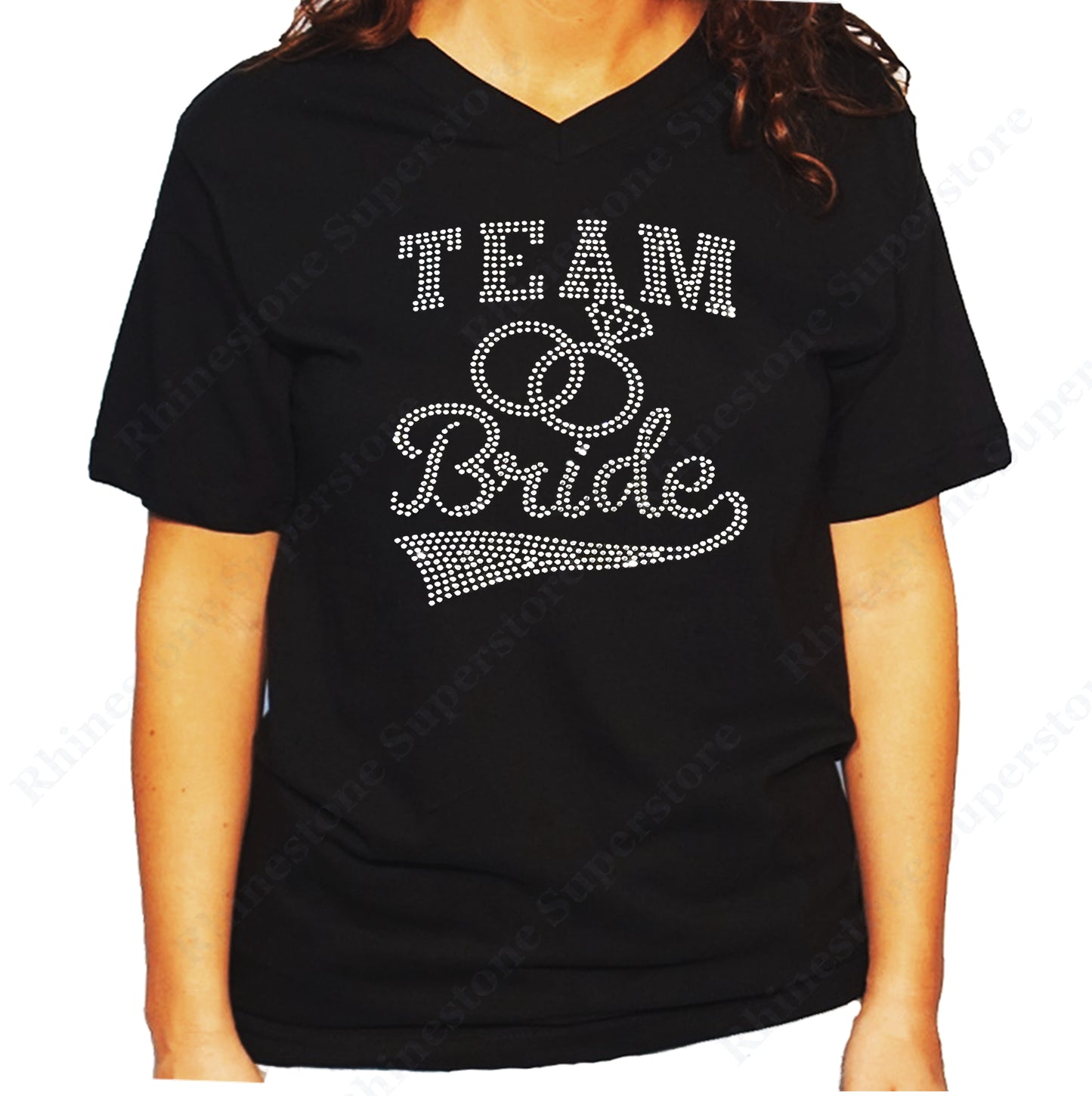Women's / Unisex T-Shirt with Team Bride with Rings in Rhinestones