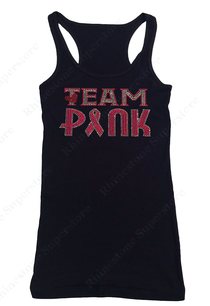 Womens T-shirt with Team Pink Cancer Ribbon and Heart in Rhinestones