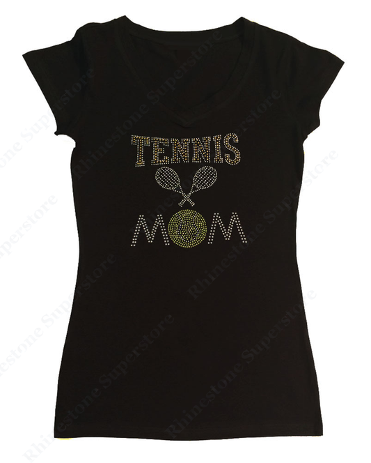 Womens T-shirt with Tennis Mom in Rhinestones