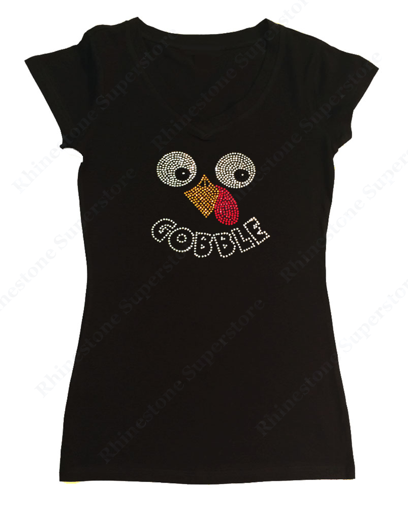 Womens T-shirt with Thanksgiving Turkey Face Gobble in Rhinestones