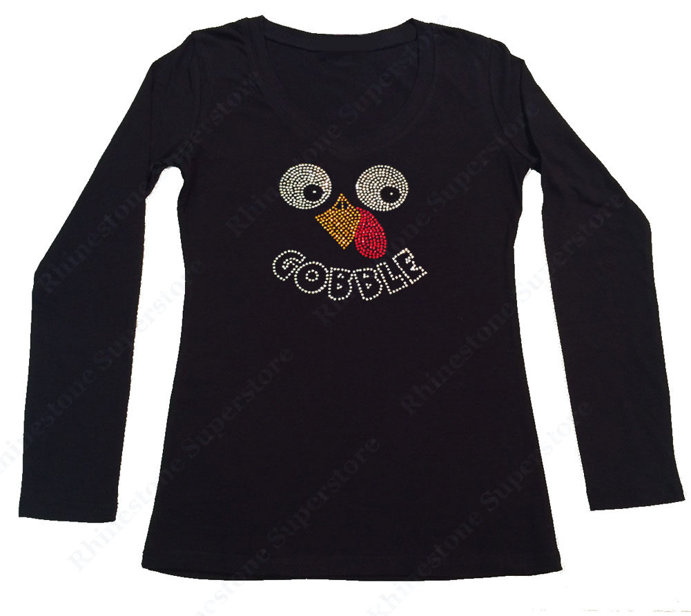 Womens T-shirt with Thanksgiving Turkey Face Gobble in Rhinestones