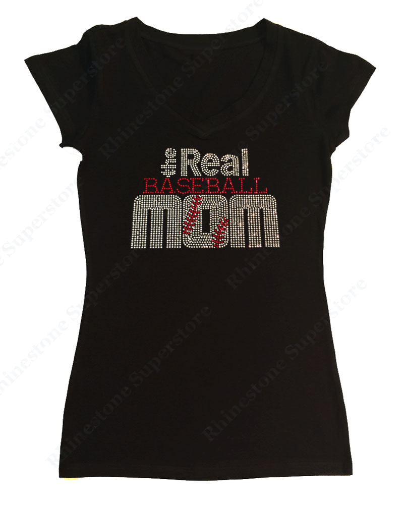 Womens T-shirt with The Real Baseball Mom in Rhinestones