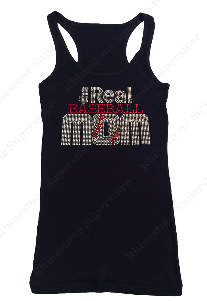 Womens T-shirt with The Real Baseball Mom in Rhinestones