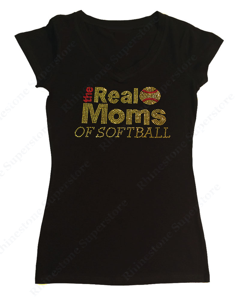 Womens T-shirt with the Real Moms of Softball in All Gold Rhinestones
