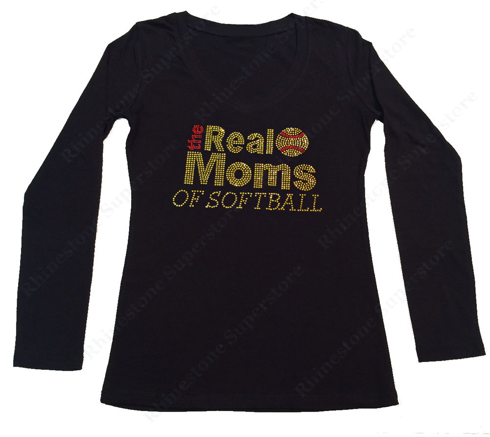 Womens T-shirt with the Real Moms of Softball in All Gold Rhinestones