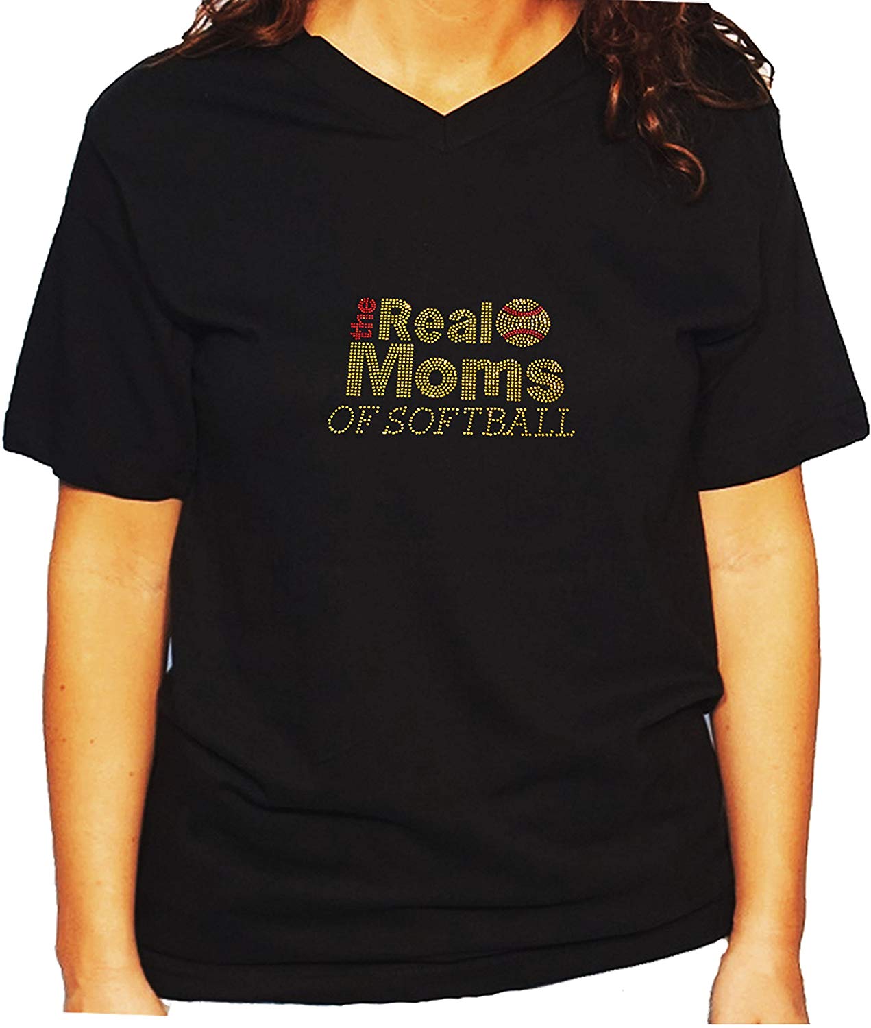 Women's / Unisex T-Shirt with The Real Moms of Softball in All Gold in Rhinestones