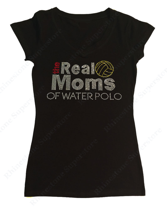 Womens T-shirt with the Real Moms of Water Polo in Rhinestones