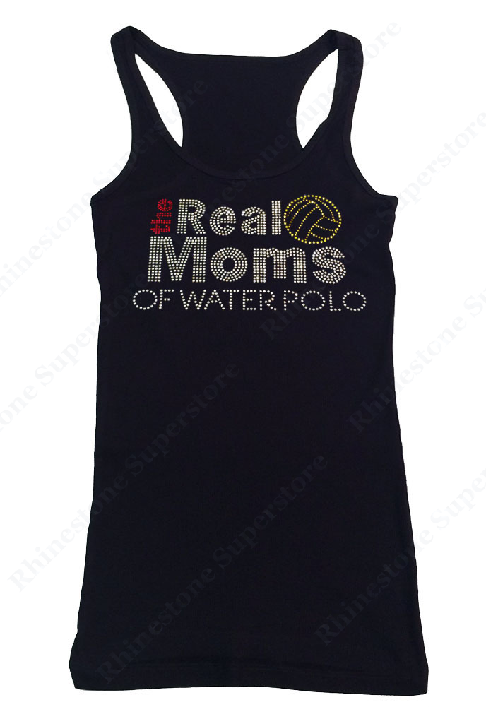 Womens T-shirt with the Real Moms of Water Polo in Rhinestones