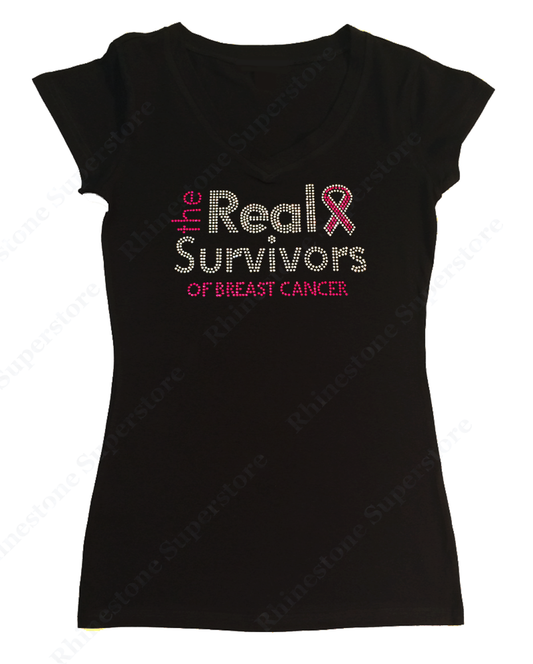 Womens T-shirt with The Real Survivors of Breast Cancer in Rhinestones