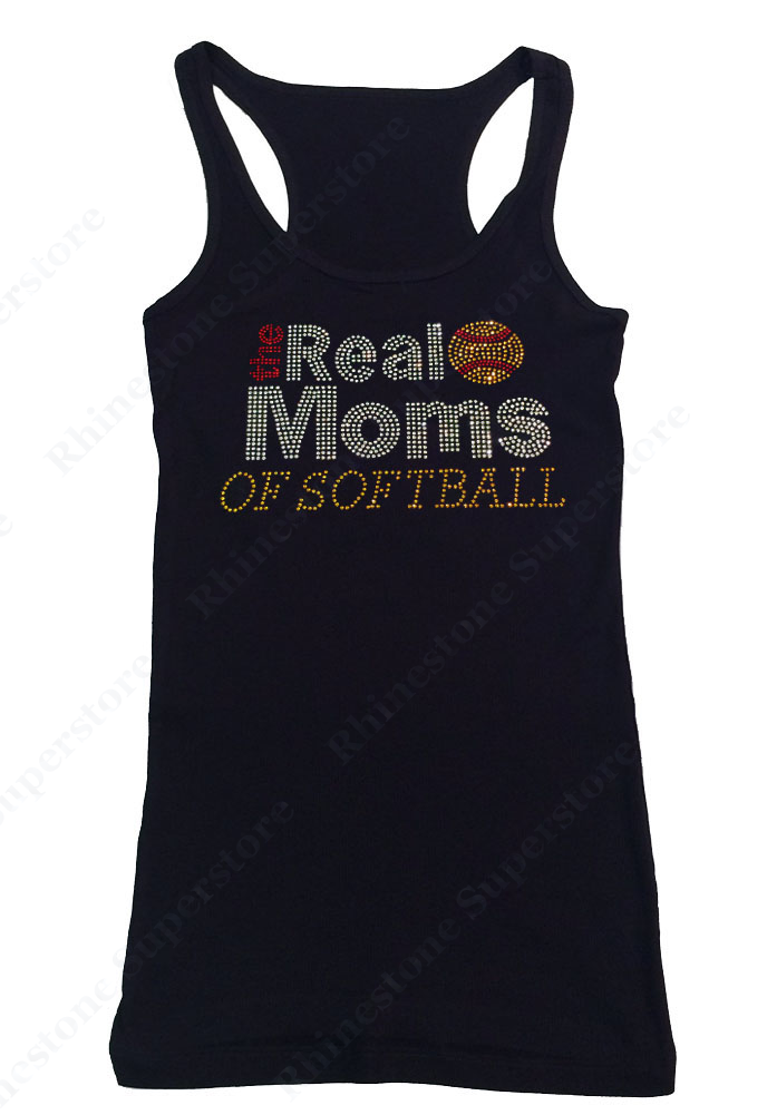 Womens T-shirt with the Real Moms of Softball in Rhinestones