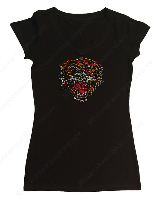 Womens T-shirt with Huge Tiger Face in Rhinestones